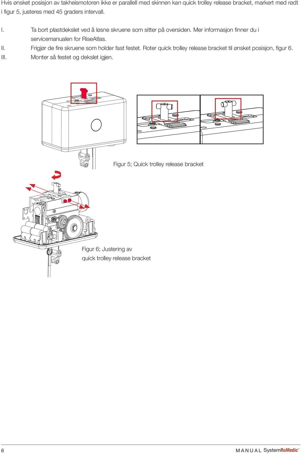 Roter quick trolley release bracket til ønsket posisjon, figur 6. III. Monter så festet og dekslet igjen.