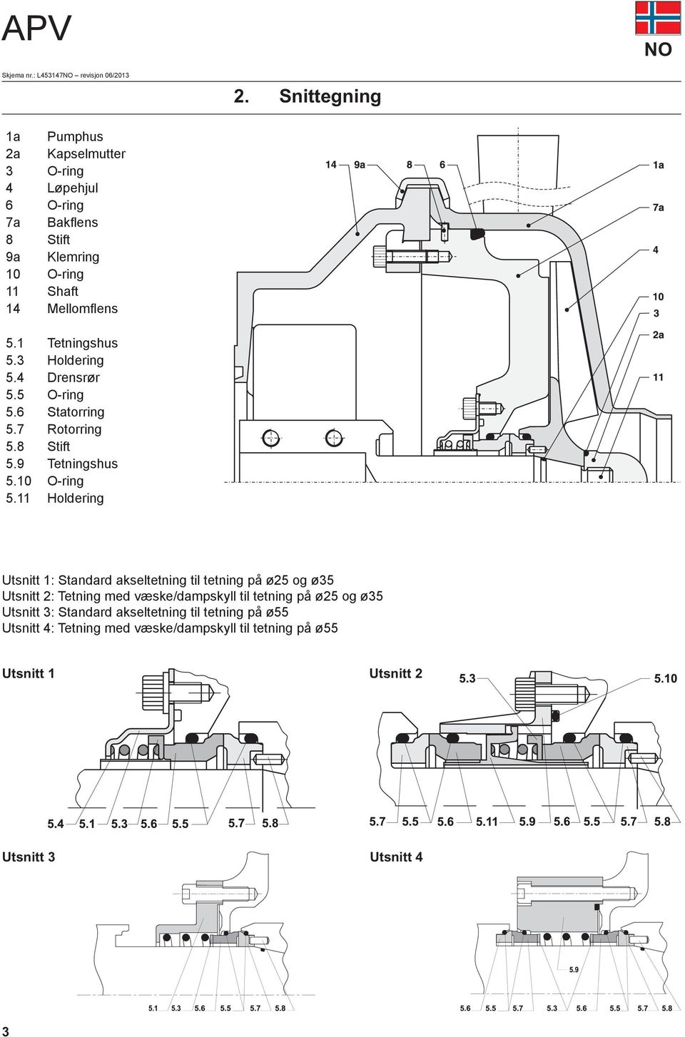 1 Tetningshus 5.3 Holdering 5.4 Drensrør 5.5 O-ring 5.6 Statorring 5.7 Rotorring 5.8 Stift 5.9 Tetningshus 5.10 O-ring 5.