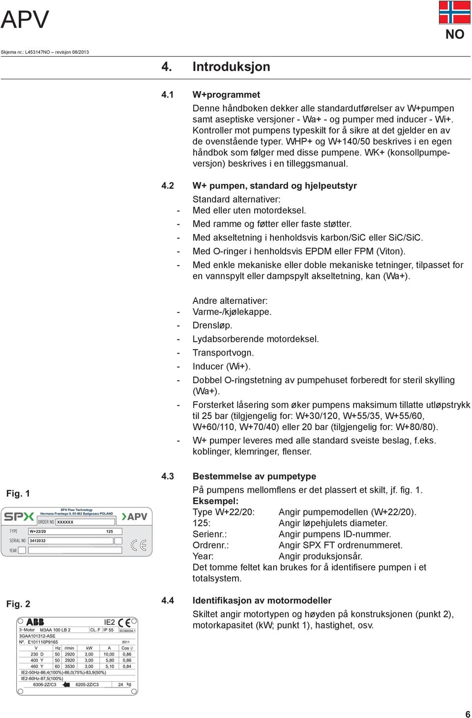 WK+ (konsollpumpeversjon) beskrives i en tilleggsmanual. 4.2 W+ pumpen, standard og hjelpeutstyr Standard alternativer: Med eller uten motordeksel. Med ramme og føtter eller faste støtter.