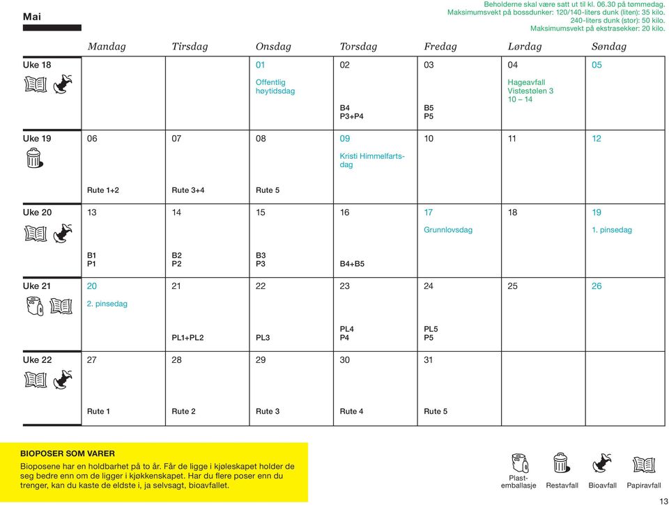 17 18 19 grunnlovsdag 1. pinsedag B1 P1 B2 P2 B3 P3 B4+B5 Uke 21 21 22 23 24 25 26 2. pinsedag PL1+PL2 PL3 PL4 P4 PL5 P5 Uke 22 27 28 29 30 31 bioposer SOm varer Bioposene har en holdbarhet på to år.
