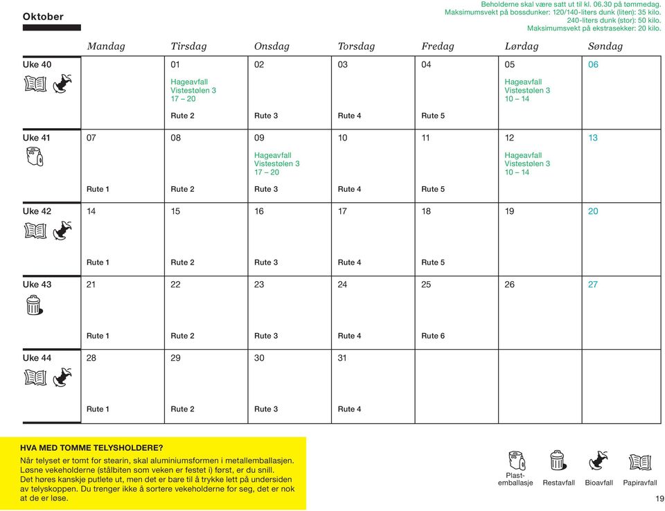 Vistestølen 3 10 14 Uke 42 14 15 16 17 18 19 Uke 43 21 22 23 24 25 26 27 Rute 6 Uke 44 28 29 30 31 hva med tomme telysholdere?