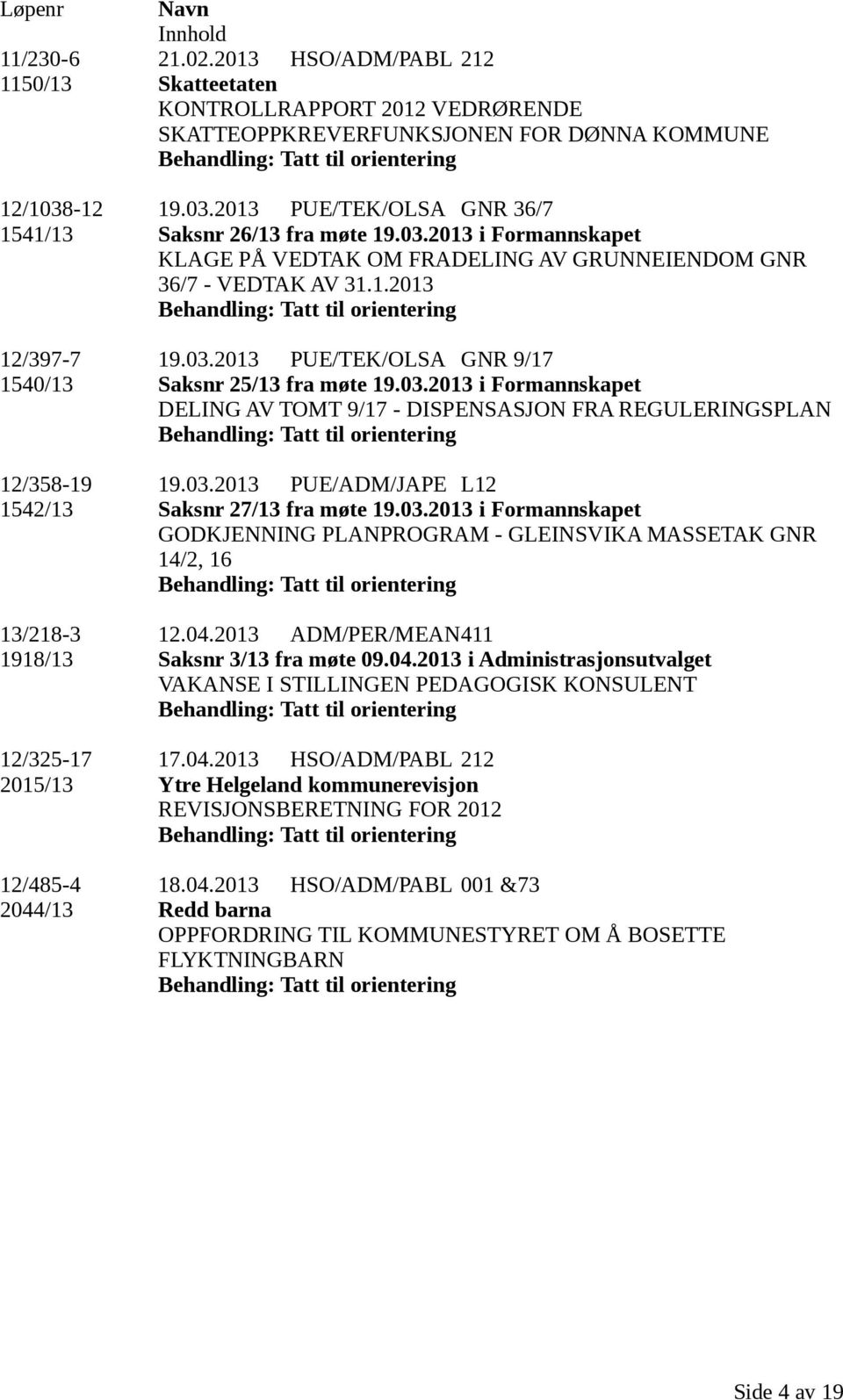 03.2013 PUE/TEK/OLSA GNR 9/17 1540/13 Saksnr 25/13 fra møte 19.03.2013 i Formannskapet DELING AV TOMT 9/17 - DISPENSASJON FRA REGULERINGSPLAN Tatt til orientering 12/358-19 19.03.2013 PUE/ADM/JAPE L12 1542/13 Saksnr 27/13 fra møte 19.