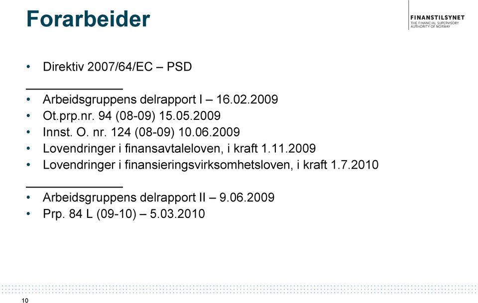 2009 Lovendringer i finansavtaleloven, i kraft 1.11.