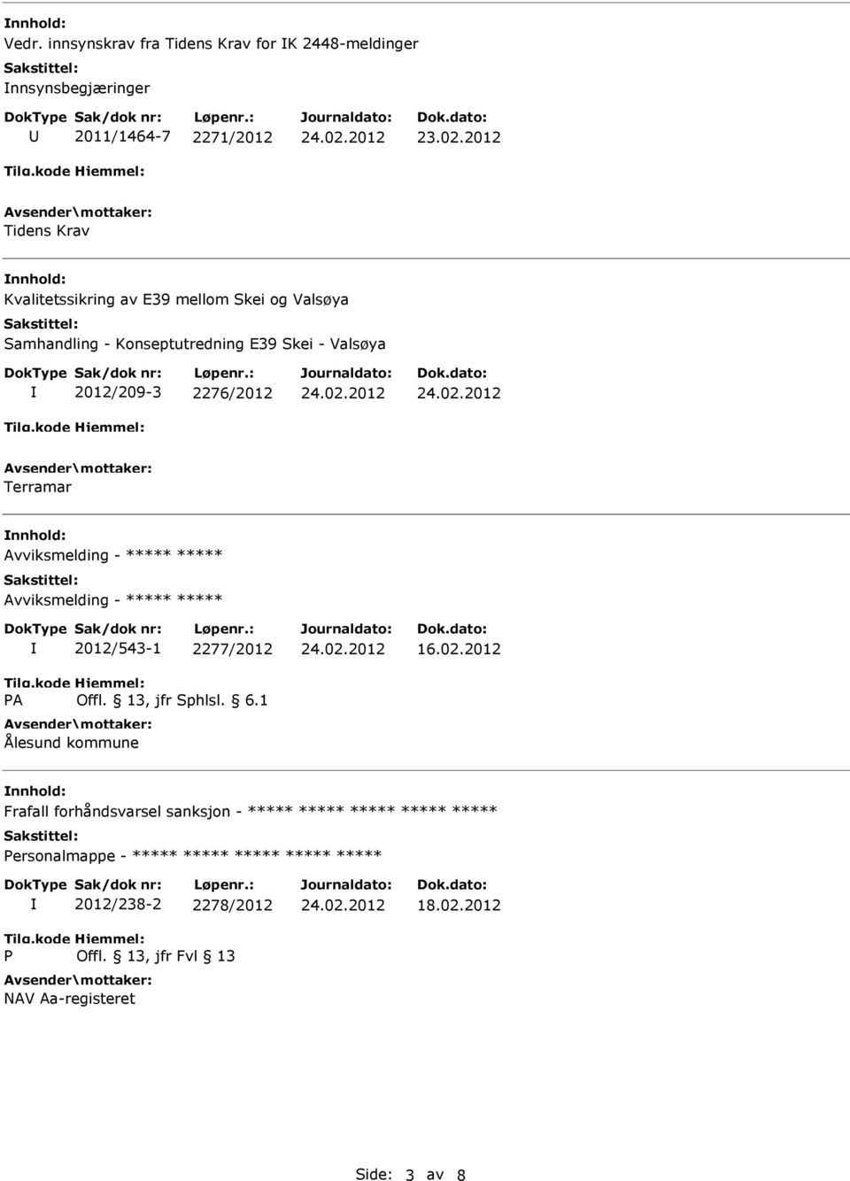 Terramar Avviksmelding - ***** ***** Avviksmelding - ***** ***** 2012/543-1 2277/2012 Ålesund kommune 16.02.