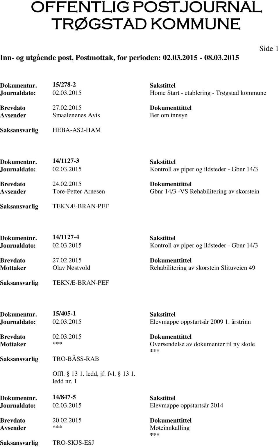 14/1127-4 Sakstittel Journaldato: 02.03.2015 Kontroll av piper og ildsteder - Gbnr 14/3 Mottaker Olav Nøstvold Rehabilitering av skorstein Slituveien 49 TEKNÆ-BRAN-PEF Dokumentnr.