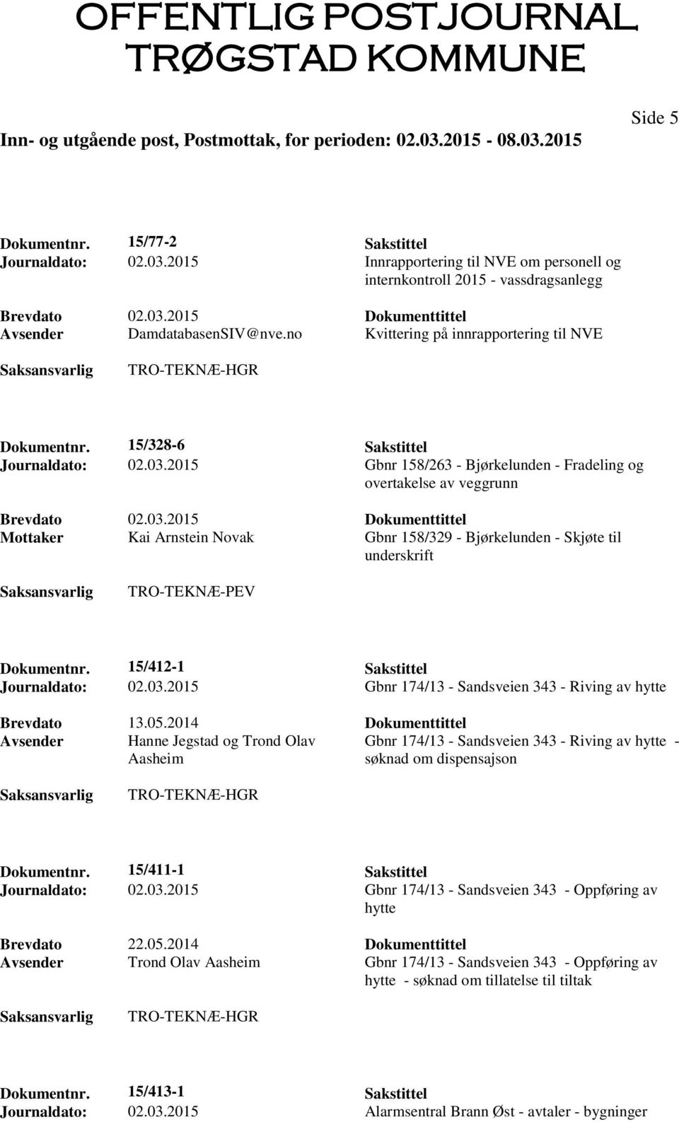 2015 Gbnr 158/263 - Bjørkelunden - Fradeling og overtakelse av veggrunn Brevdato 02.03.