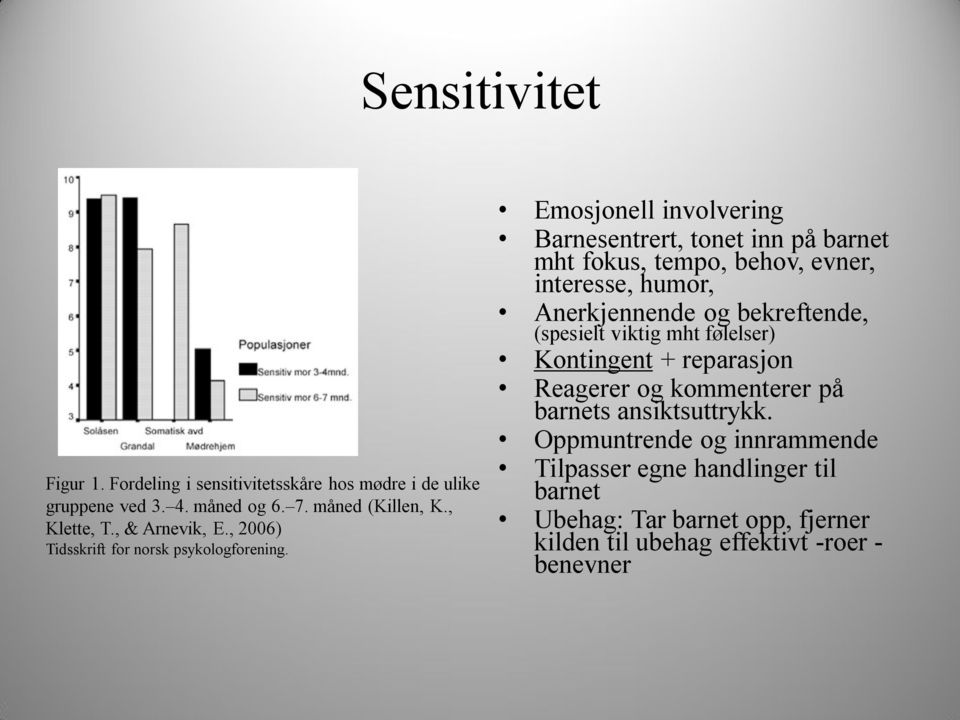 Emosjonell involvering Barnesentrert, tonet inn på barnet mht fokus, tempo, behov, evner, interesse, humor, Anerkjennende og bekreftende,