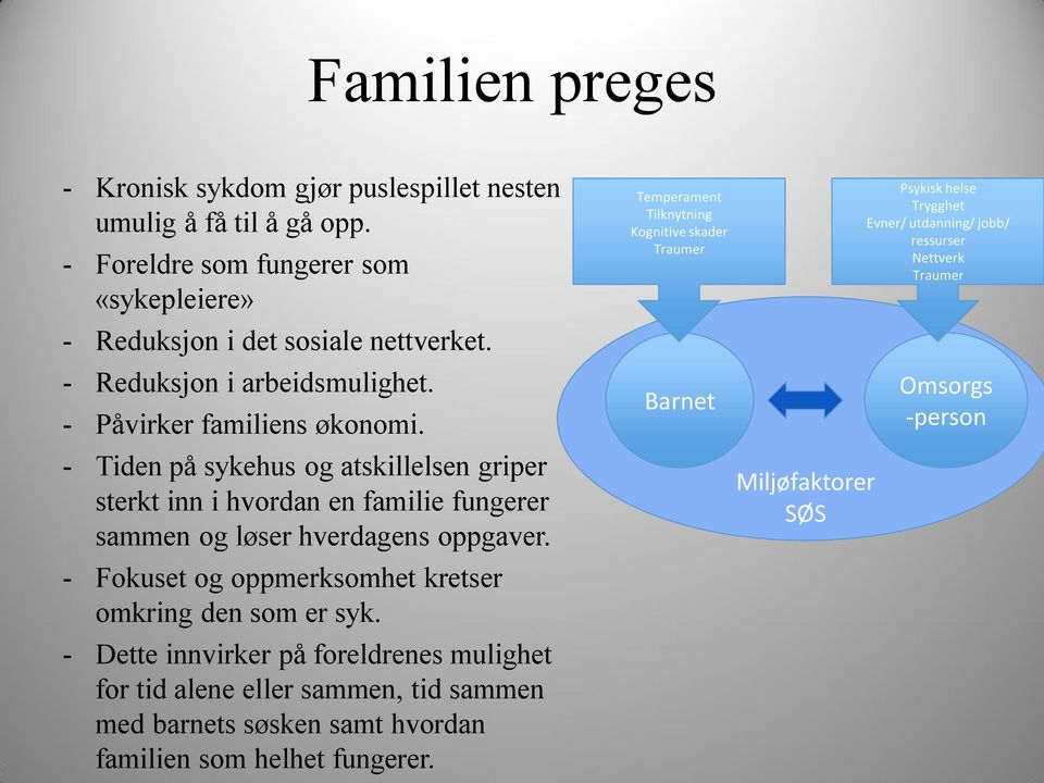 - Tiden på sykehus og atskillelsen griper sterkt inn i hvordan en familie fungerer sammen og løser hverdagens oppgaver. - Fokuset og oppmerksomhet kretser omkring den som er syk.