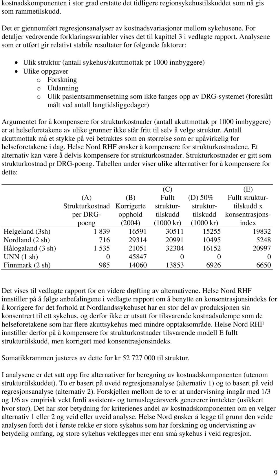 Analysene som er utført gir relativt stabile resultater for følgende faktorer: Ulik struktur (antall sykehus/akuttmottak pr 1000 innbyggere) Ulike oppgaver o Forskning o Utdanning o Ulik