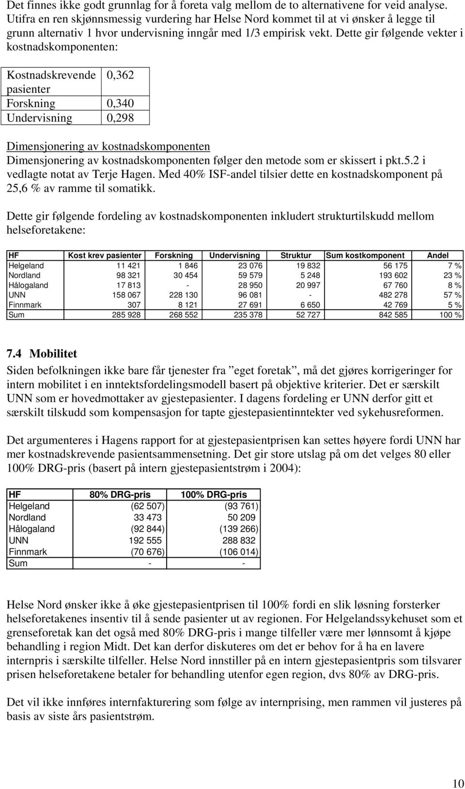 Dette gir følgende vekter i kostnadskomponenten: Kostnadskrevende 0,362 pasienter Forskning 0,340 Undervisning 0,298 Dimensjonering av kostnadskomponenten Dimensjonering av kostnadskomponenten følger