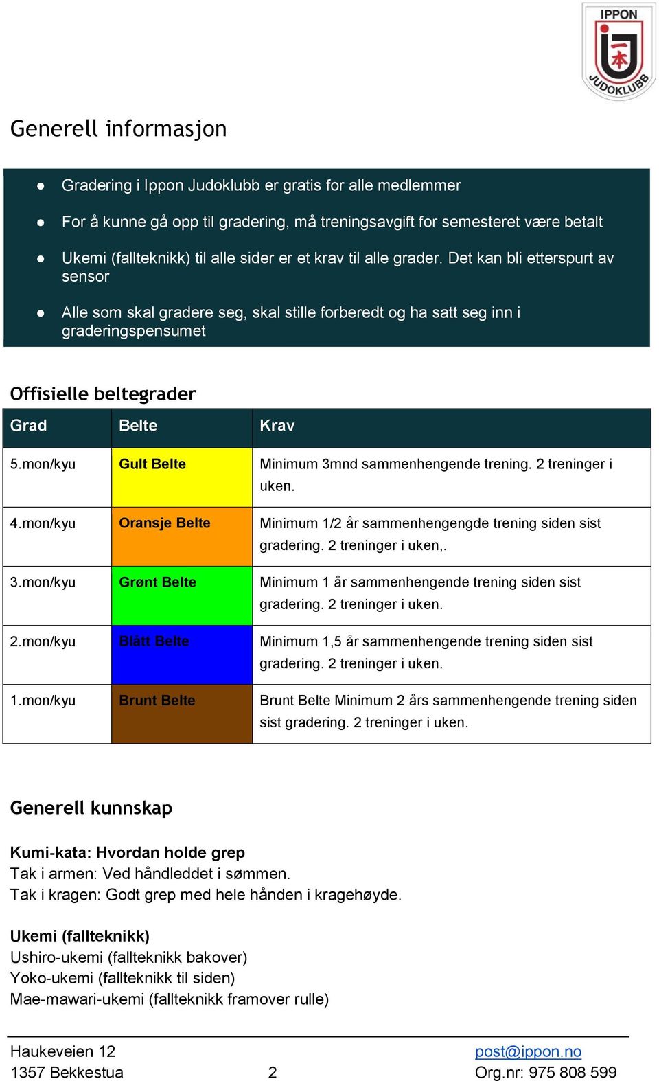 mon/kyu Gult Belte Minimum 3mnd sammenhengende trening. 2 treninger i uken. 4.mon/kyu Oransje Belte Minimum 1/2 år sammenhengengde trening siden sist gradering. 2 treninger i uken,. 3.mon/kyu Grønt Belte Minimum 1 år sammenhengende trening siden sist gradering.