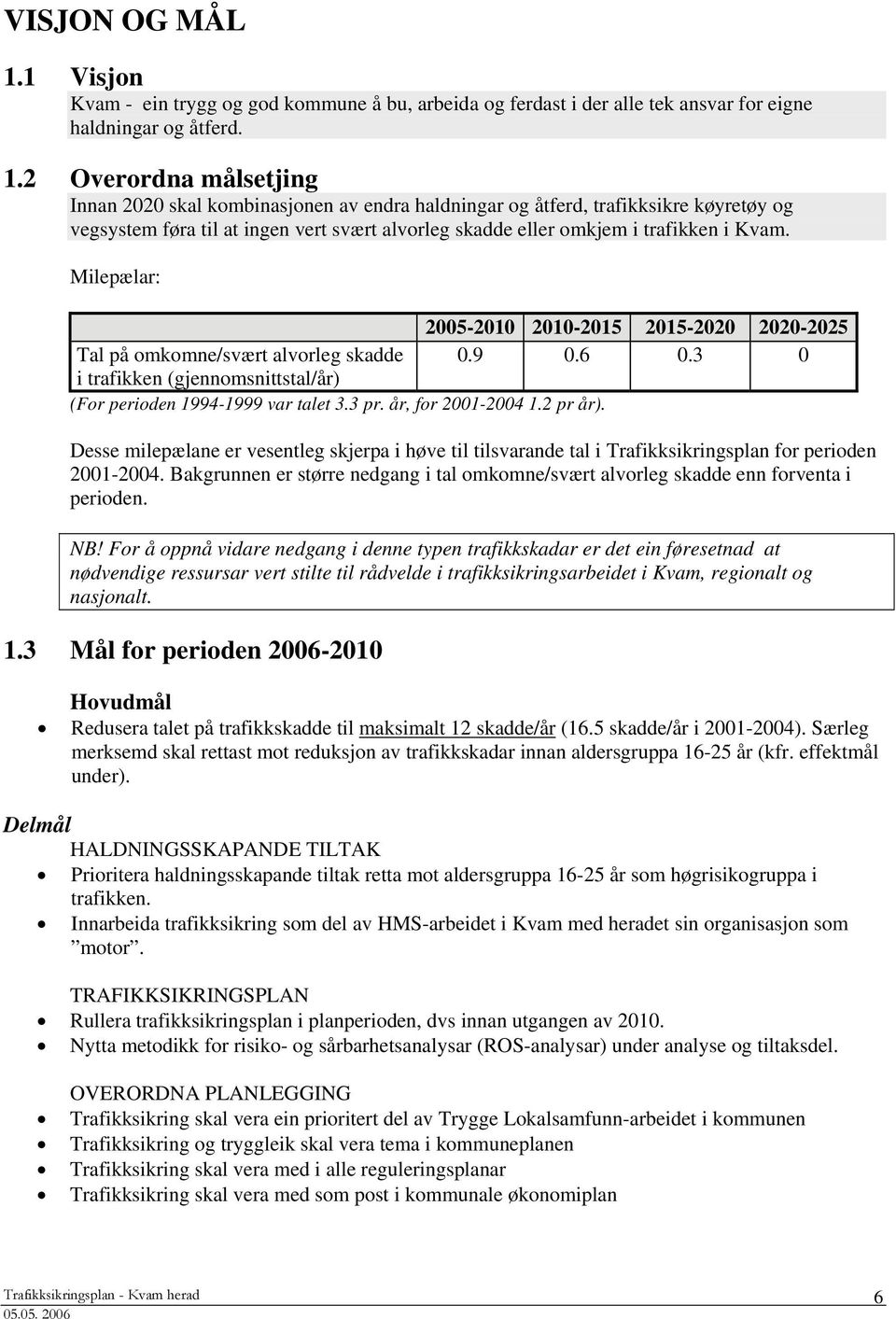 2 Overordna målsetjing Innan 2020 skal kombinasjonen av endra haldningar og åtferd, trafikksikre køyretøy og vegsystem føra til at ingen vert svært alvorleg skadde eller omkjem i trafikken i Kvam.