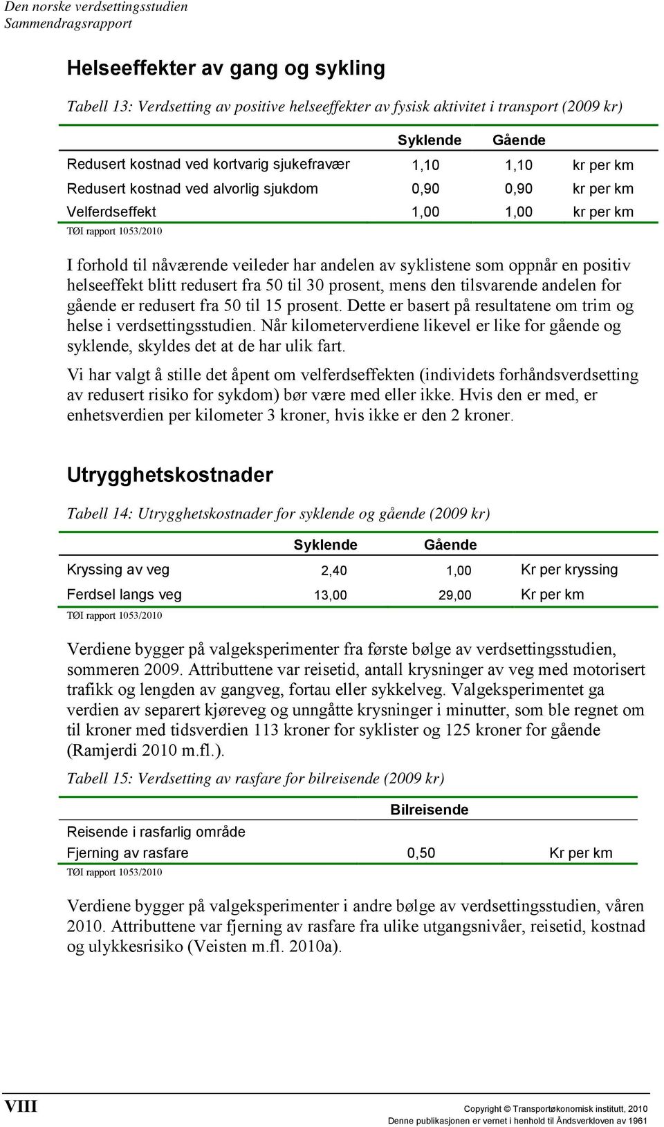 redusert fra 50 til 30 prosent, mens den tilsvarende andelen for gående er redusert fra 50 til 15 prosent. Dette er basert på resultatene om trim og helse i verdsettingsstudien.