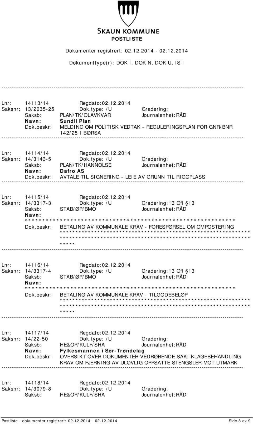 type: /U Gradering: Saksb: PLAN/TK/HANNOLSE Journalenhet:RÅD Dafro AS AVTALE TIL SIGNERING - LEIE AV GRUNN TIL RIGGPLASS Lnr: 14115/14 Regdato:02.12.2014 Saksnr: 14/3317-3 Dok.