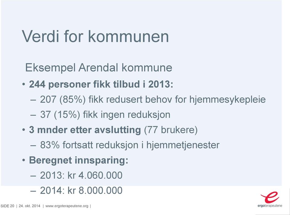 etter avslutting (77 brukere) 83% fortsatt reduksjon i hjemmetjenester Beregnet