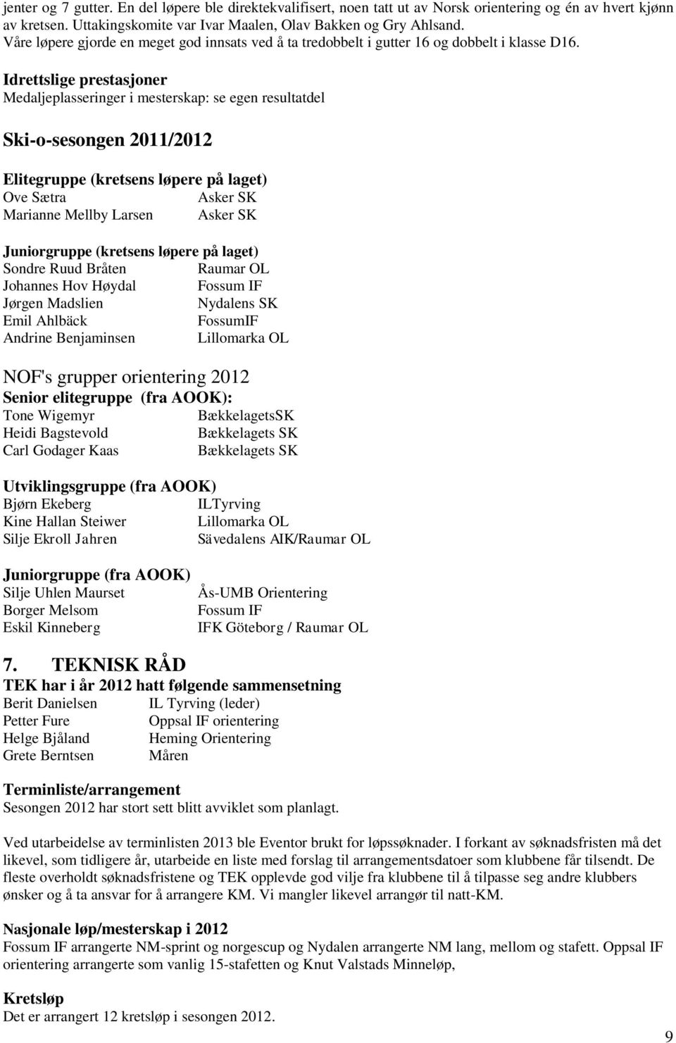 Idrettslige prestasjoner Medaljeplasseringer i mesterskap: se egen resultatdel Ski-o-sesongen 2011/2012 Elitegruppe (kretsens løpere på laget) Ove Sætra Marianne Mellby Larsen Juniorgruppe (kretsens