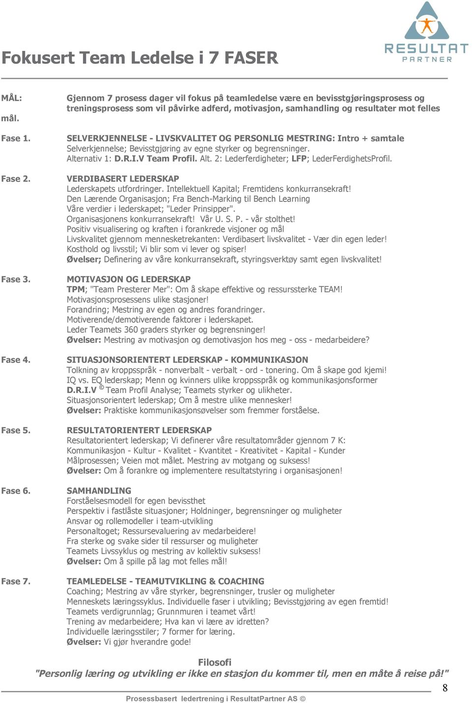 LIVSKVALITET OG PERSONLIG MESTRING: Intro + samtale Selverkjennelse; Bevisstgjøring av egne styrker og begrensninger. Alternativ 1: D.R.I.V Team Profil. Alt. 2: Lederferdigheter; LFP; LederFerdighetsProfil.