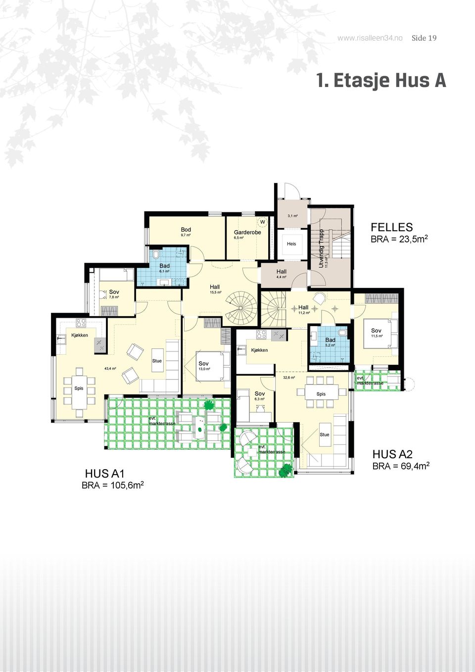 Trapp Garderobe 9,7 m² 4,4 m² 15,5 m² 7,8 m² 11,2 m² Kjøkken Kjøkken Stue 43,4 m²