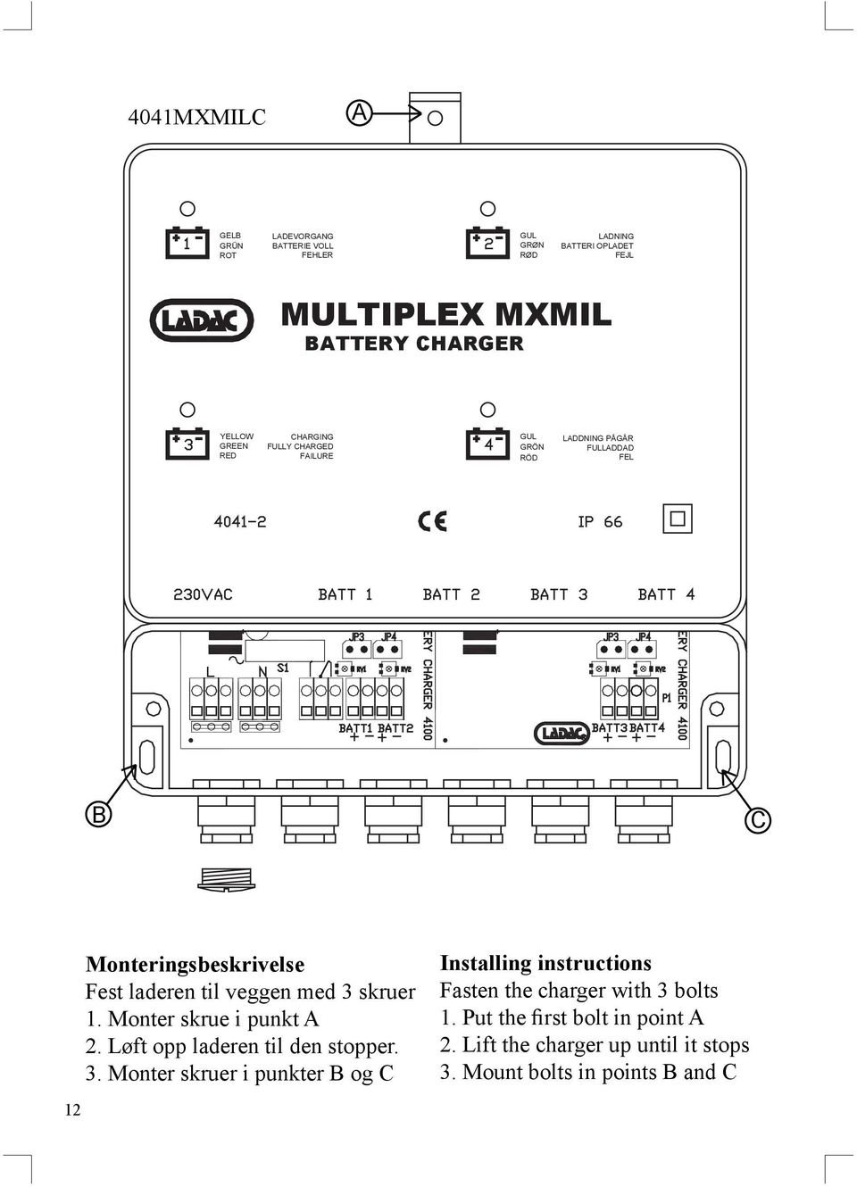 veggen med 3 skruer 1. Monter skrue i punkt A 2. Løft opp laderen til den stopper. 3. Monter skruer i punkter B og C Installing instructions Fasten the charger with 3 bolts 1.