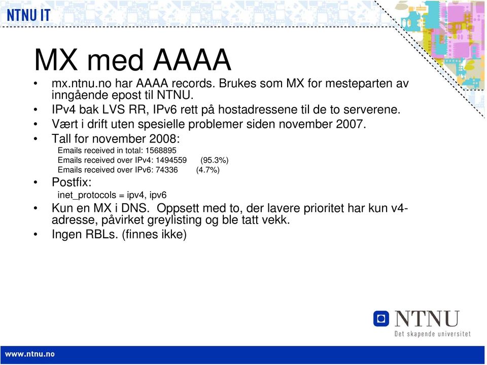 Tall for november 2008: Emails received in total: 1568895 Emails received over IPv4: 1494559 (95.