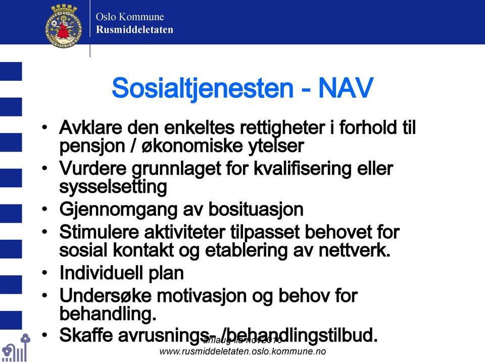 bosituasjon Stimulere aktiviteter tilpasset behovet for sosial kontakt og etablering av nettverk.