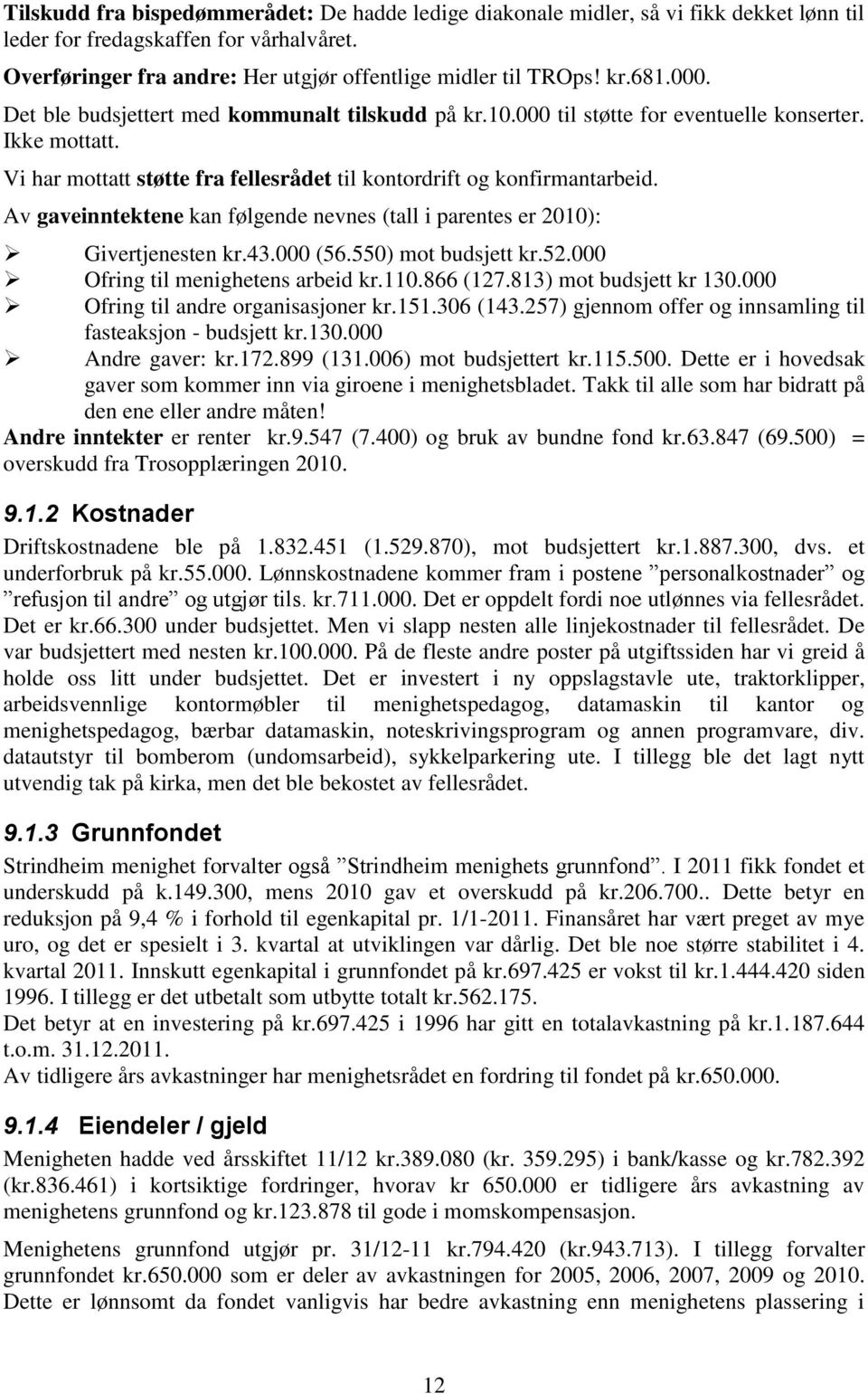 Av gaveinntektene kan følgende nevnes (tall i parentes er 2010): Givertjenesten kr.43.000 (56.550) mot budsjett kr.52.000 Ofring til menighetens arbeid kr.110.866 (127.813) mot budsjett kr 130.