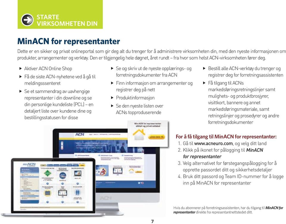 Aktiver ACN Online Shop Få de siste ACN-nyhetene ved å gå til meldingsssenteret Se et sammendrag av uavhengige representanter i din downline og se din personlige kundeliste (PCL) en detaljert liste