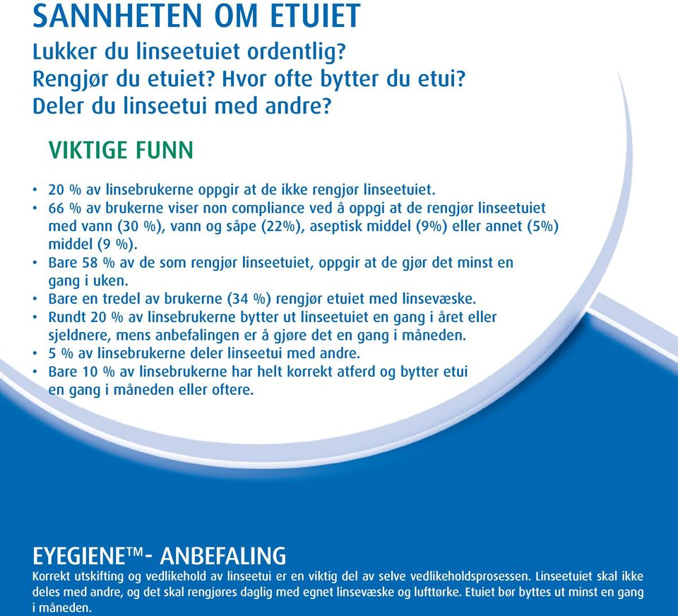 66 % av brukerne viser non compliance ved å oppgi at de rengjør linseetuiet med vann (30 %), vann og såpe (22%), aseptisk middel (9%) eller annet (5%) middel (9 %).