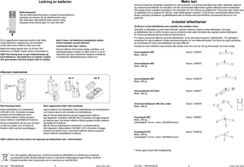 Dersom lampen ikke er slukket Ladning av batterier Batterikapasitet Ved lav batterispenning høres et signal fra kontrollboksen, samtidig som lampen (A) på håndkontrollen lyser.