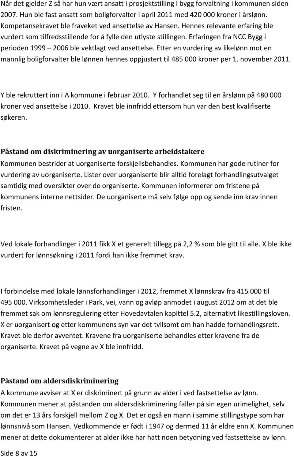 Erfaringen fra NCC Bygg i perioden 1999 2006 ble vektlagt ved ansettelse. Etter en vurdering av likelønn mot en mannlig boligforvalter ble lønnen hennes oppjustert til 485 000 kroner per 1.