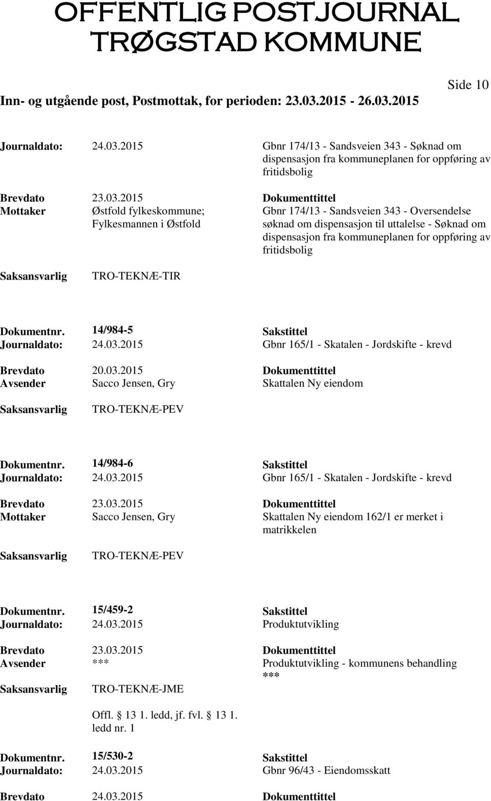 Oversendelse søknad om dispensasjon til uttalelse - Søknad om dispensasjon fra kommuneplanen for oppføring av fritidsbolig Dokumentnr. 14/984-5 Sakstittel Journaldato: 24.03.