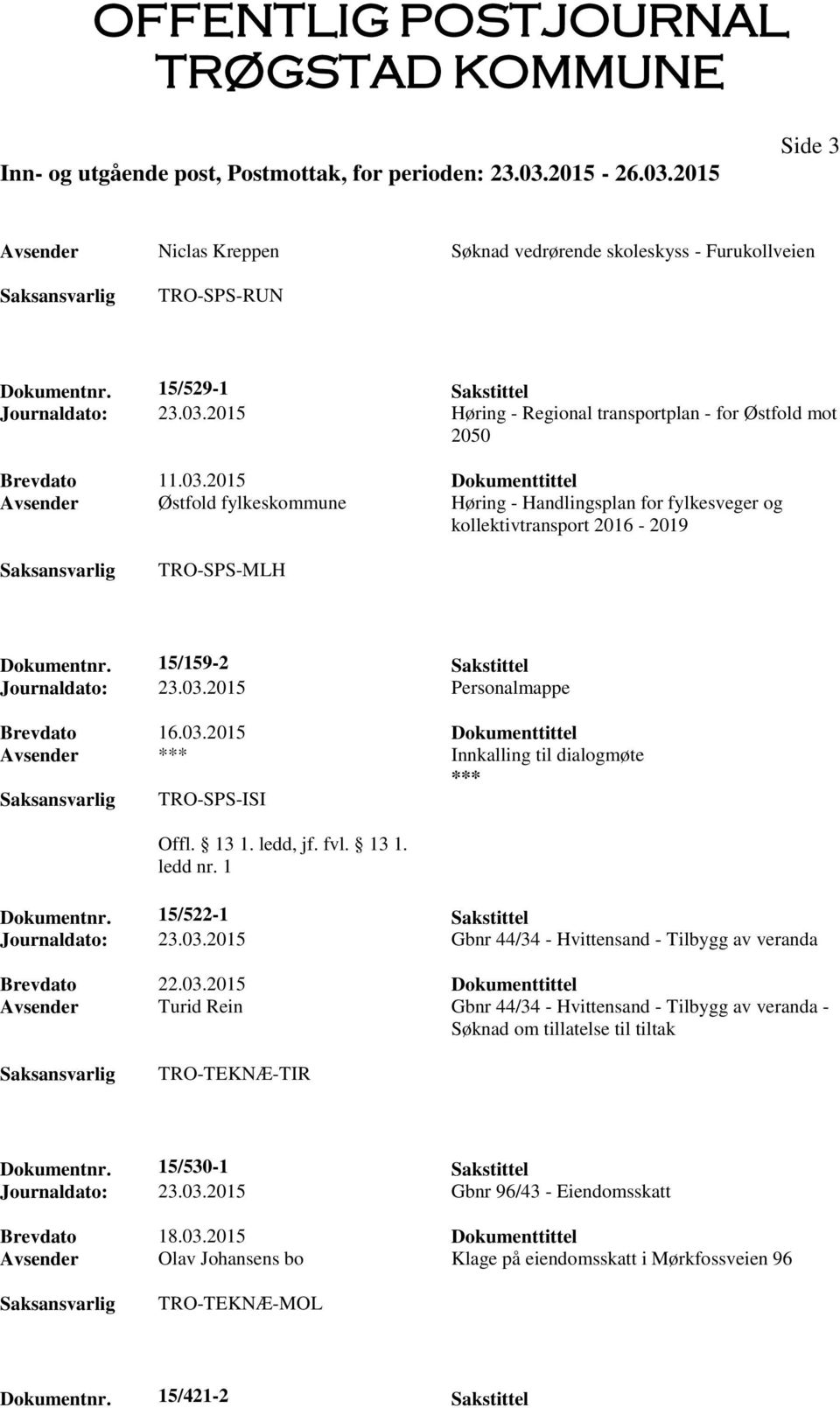 2015 Dokumenttittel Avsender Østfold fylkeskommune Høring - Handlingsplan for fylkesveger og kollektivtransport 2016-2019 TRO-SPS-MLH Dokumentnr. 15/159-2 Sakstittel Journaldato: 23.03.