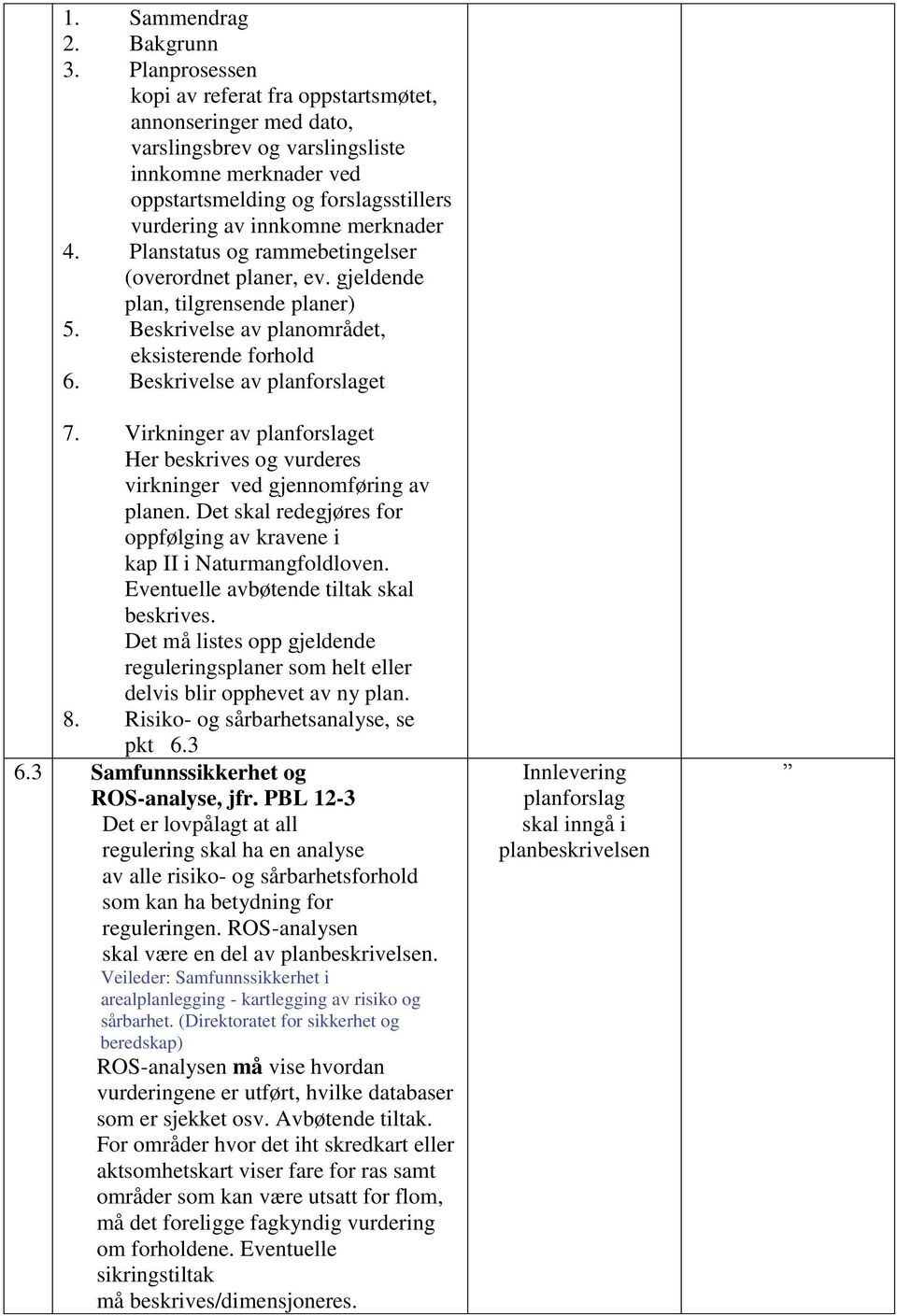 Planstatus og rammebetingelser (overordnet planer, ev. gjeldende plan, tilgrensende planer) 5. Beskrivelse av planområdet, eksisterende forhold 6. Beskrivelse av planforslaget 7.