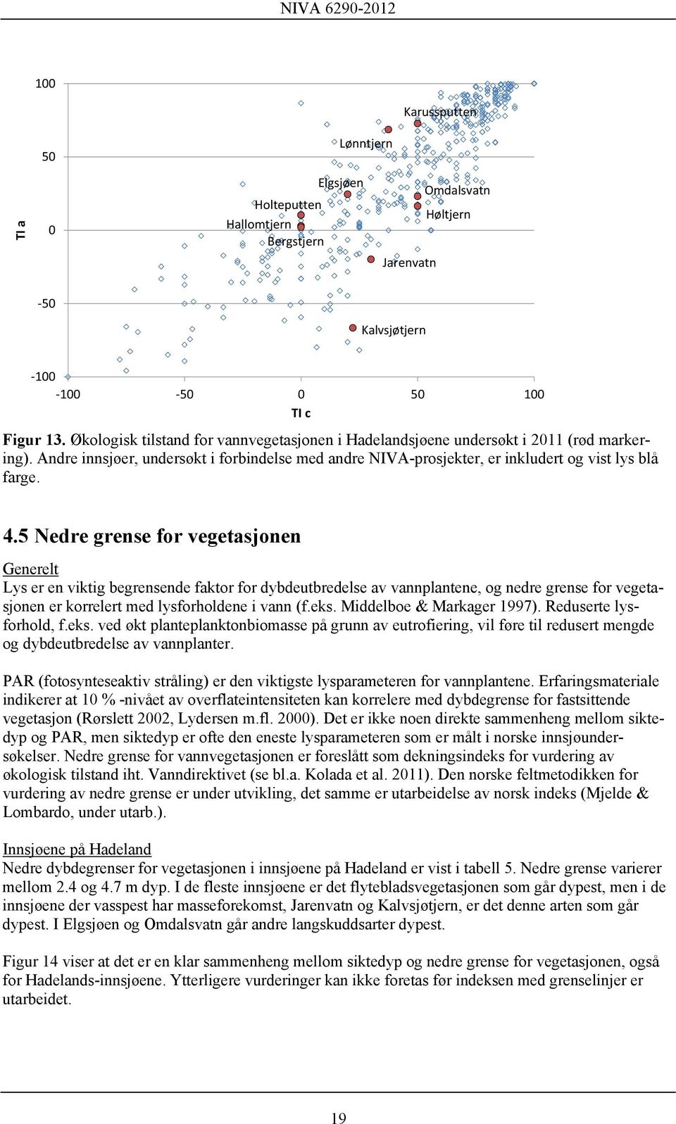 5 Nedre grense for vegetasjonen Generelt Lys er en viktig begrensende faktor for dybdeutbredelse av vannplantene, og nedre grense for vegetasjonen er korrelert med lysforholdene i vann (f.eks.