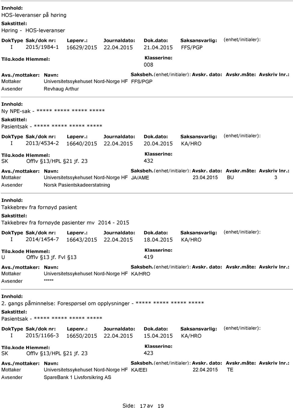 23 432 Avs./mottaker: Navn: Saksbeh. Avskr. dato: Avskr.måte: Avskriv lnr.: Mottaker niversitetssykehuset Nord-Norge HF JA/AME 23.04.