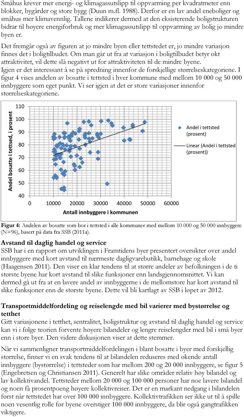 Det fremgår også av figuren at jo mindre byen eller tettstedet er, jo mindre variasjon finnes det i boligtilbudet.