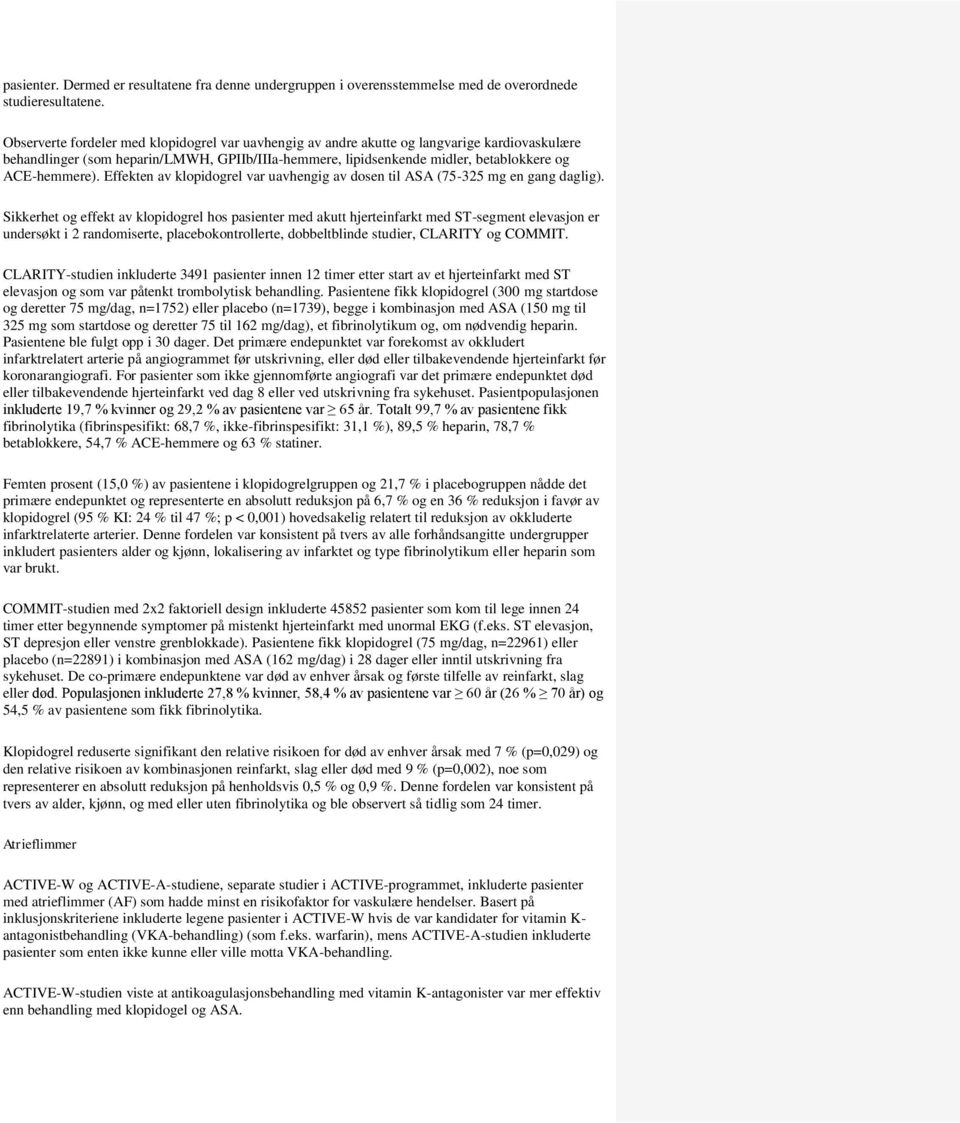 Effekten av klopidogrel var uavhengig av dosen til ASA (75-325 mg en gang daglig).