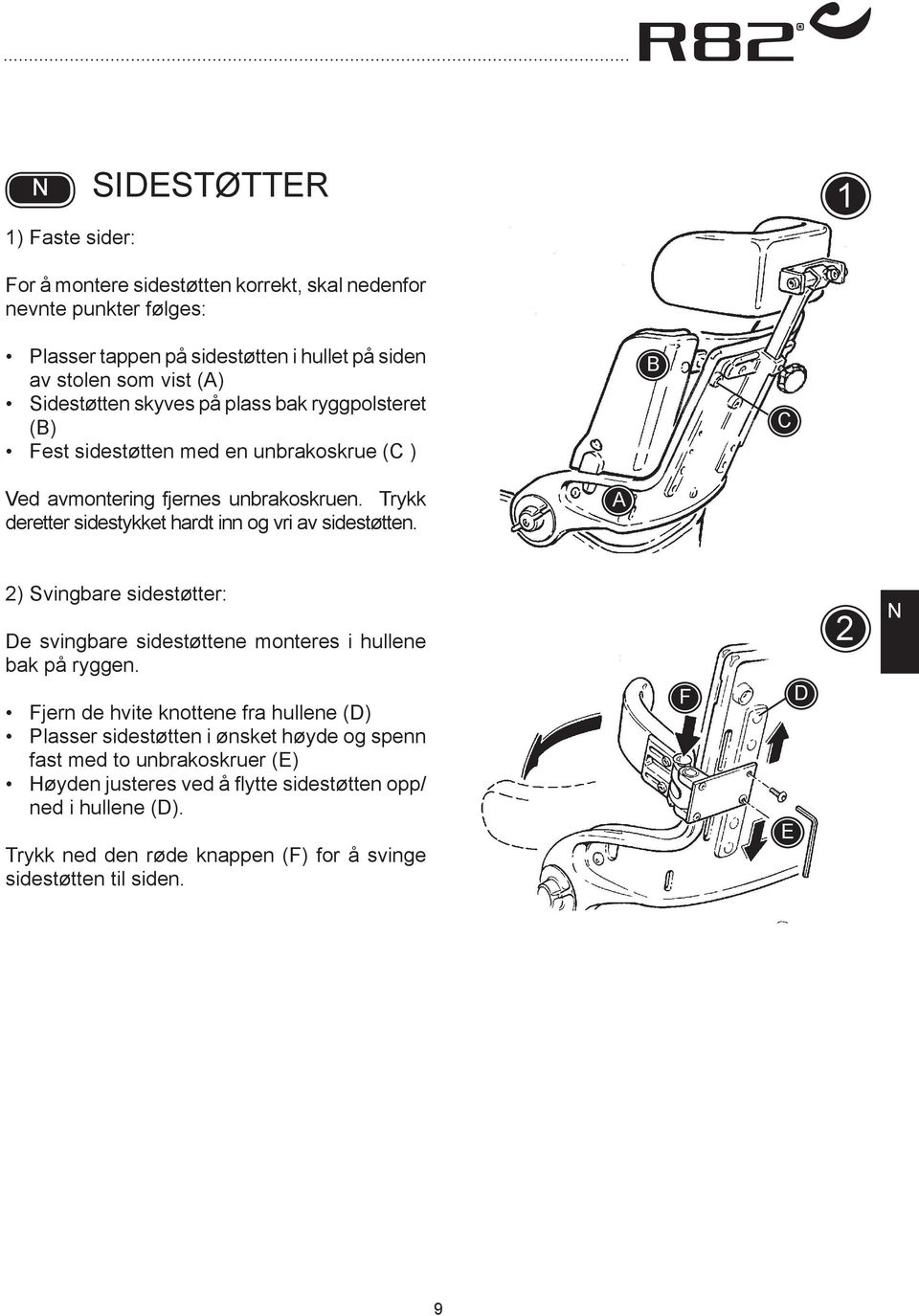 Trykk deretter sidestykket hardt inn og vri av sidestøtten. 2) Svingbare sidestøtter: De svingbare sidestøttene monteres i hullene bak på ryggen.