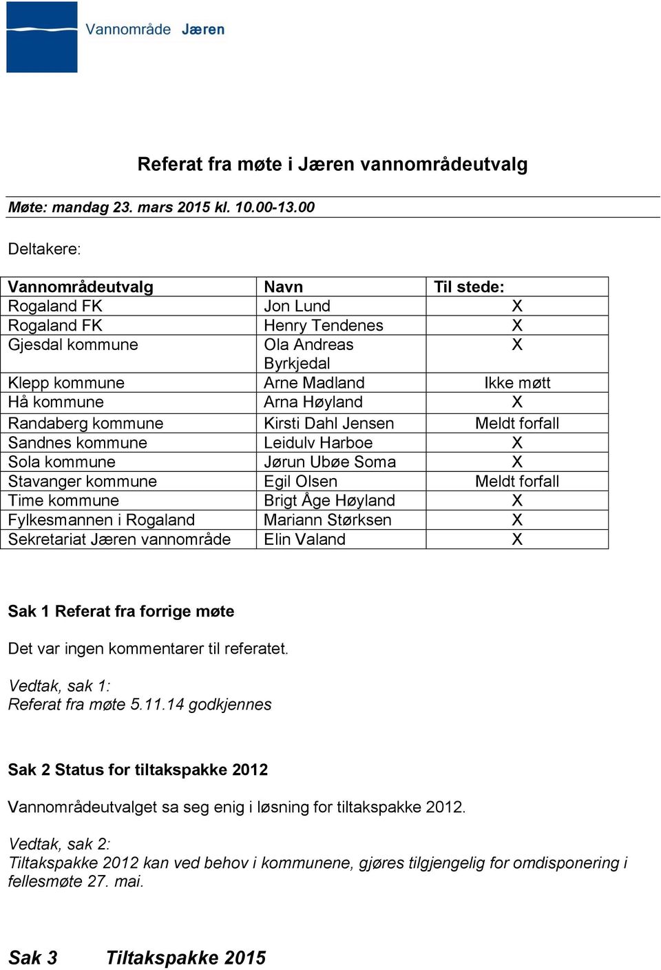 X Randaberg kommune Kirsti Dahl Jensen Meldt forfall Sandnes kommune Leidulv Harboe X Sola kommune Jørun Ubøe Soma X Stavanger kommune Egil Olsen Meldt forfall Time kommune Brigt Åge Høyland X