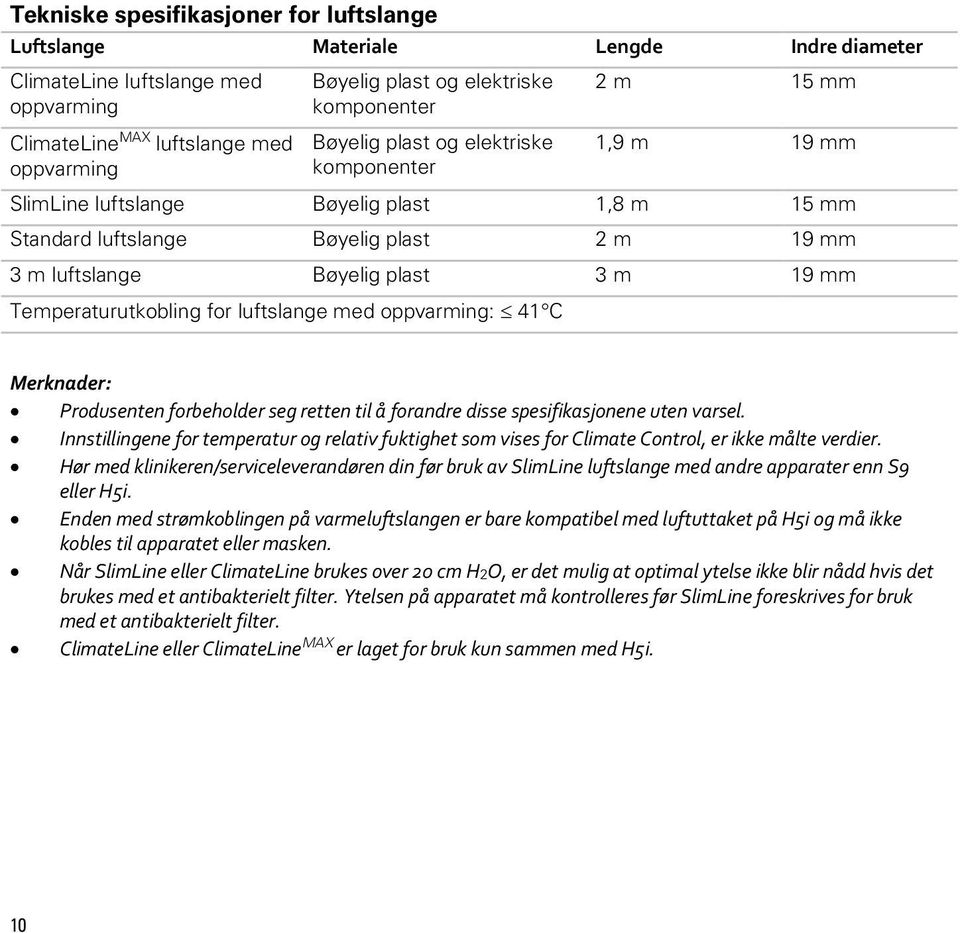 mm Temperaturutkobling for luftslange med oppvarming: 41 C Merknader: Produsenten forbeholder seg retten til å forandre disse spesifikasjonene uten varsel.