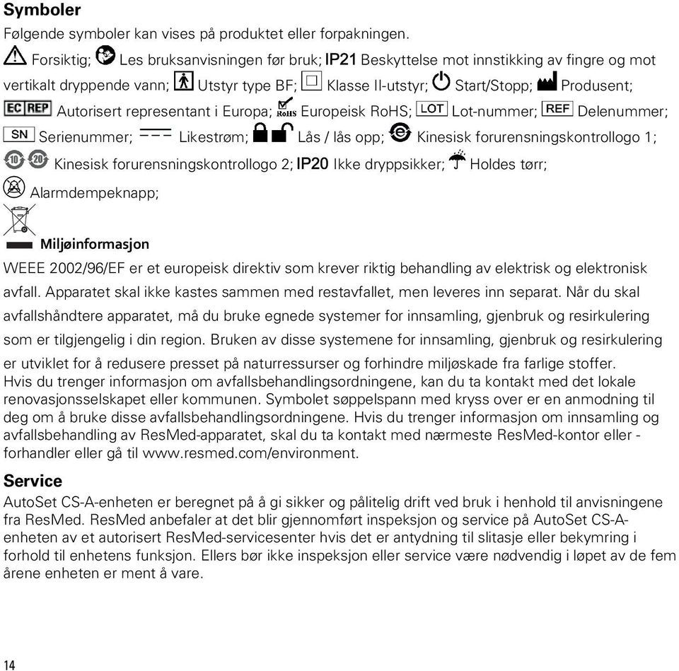 Europa; Europeisk RoHS; Lot-nummer; Delenummer; Serienummer; Likestrøm; Lås / lås opp; Kinesisk forurensningskontrollogo 1; Kinesisk forurensningskontrollogo 2; Ikke dryppsikker; Holdes tørr;