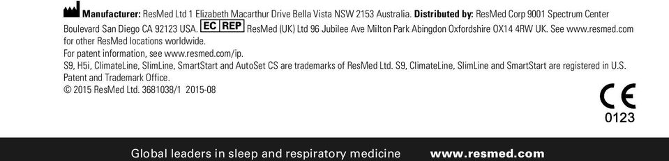 ResMed (UK) Ltd 96 Jubilee Ave Milton Park Abingdon Oxfordshire OX14 4RW UK. See www.resmed.com for other ResMed locations worldwide.