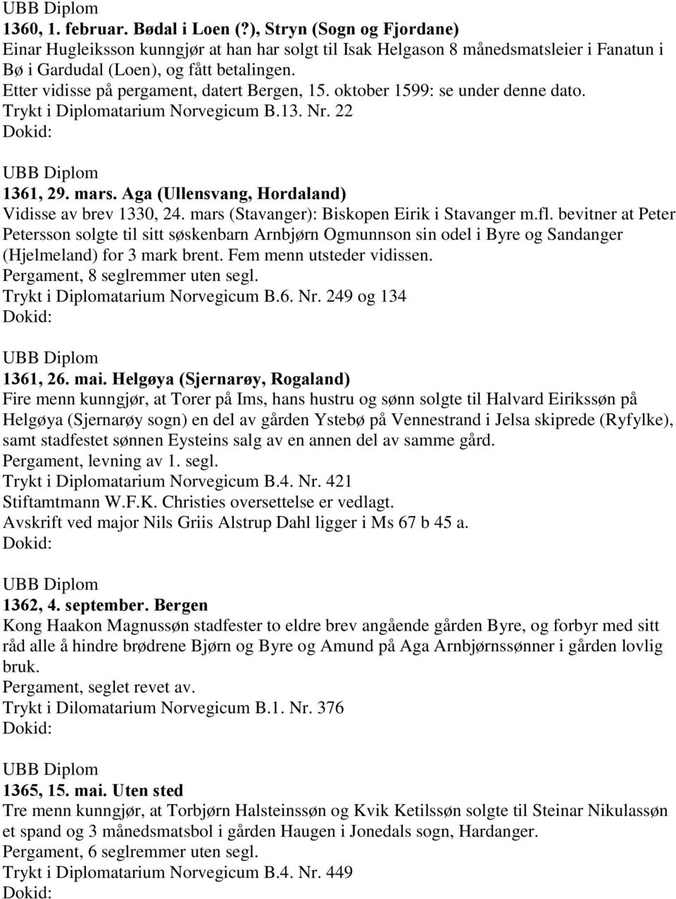 mars (Stavanger): Biskopen Eirik i Stavanger m.fl. bevitner at Peter Petersson solgte til sitt søskenbarn Arnbjørn Ogmunnson sin odel i Byre og Sandanger (Hjelmeland) for 3 mark brent.