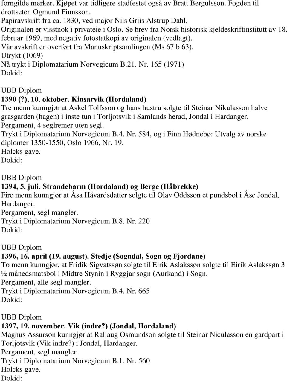 Vår avskrift er overført fra Manuskriptsamlingen (Ms 67 b 63). Utrykt (1069) Nå trykt i Diplomatarium Norvegicum B.21. Nr. 165 (1971) 1390 (?), 10. oktober.