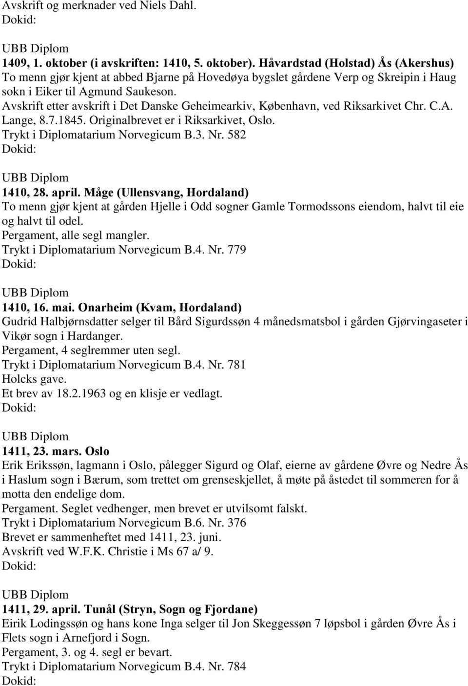 Avskrift etter avskrift i Det Danske Geheimearkiv, København, ved Riksarkivet Chr. C.A. Lange, 8.7.1845. Originalbrevet er i Riksarkivet, Oslo. Trykt i Diplomatarium Norvegicum B.3. Nr. 582 1410, 28.