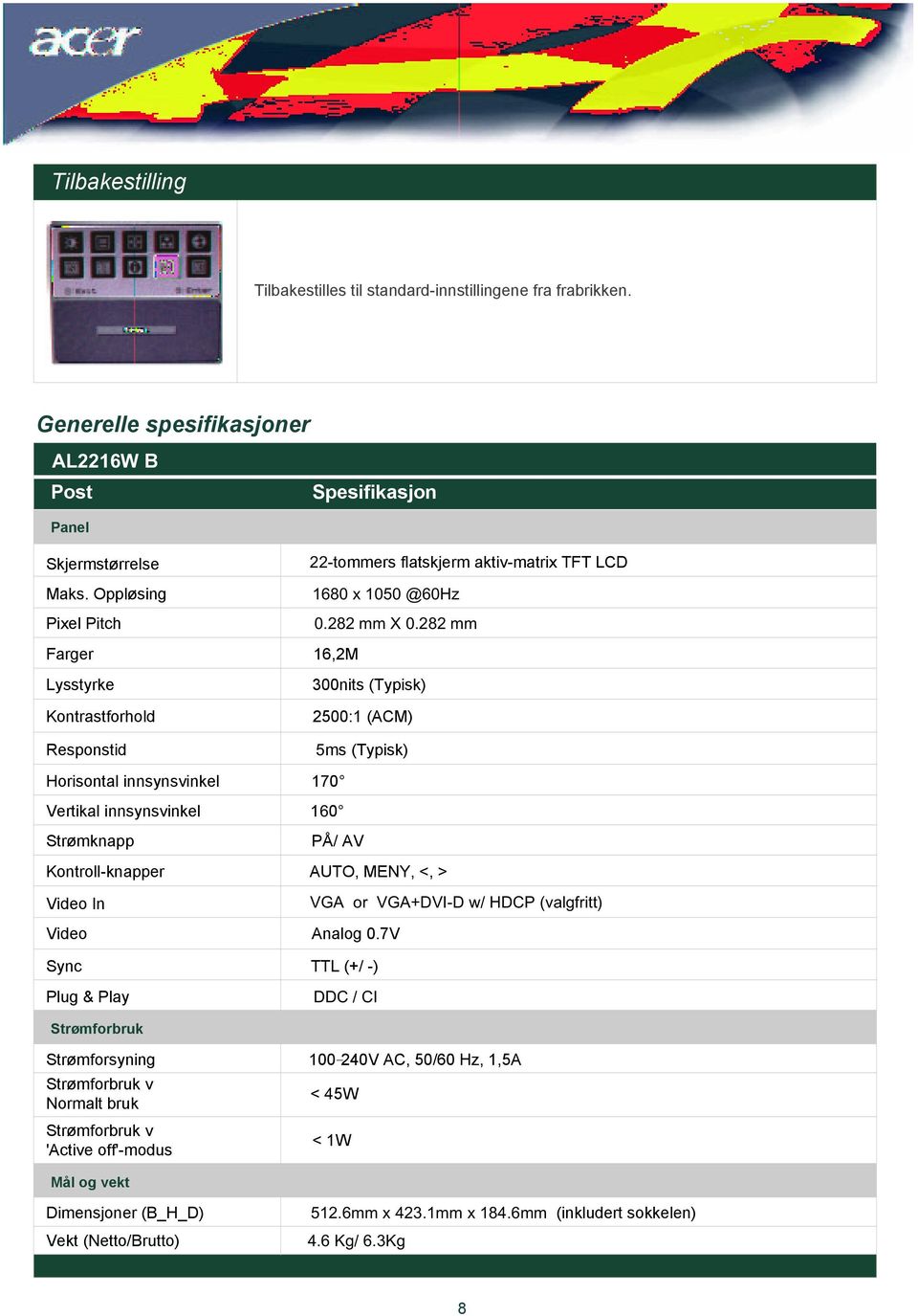 282 mm Farger 16,2M Lysstyrke Kontrastforhold Responstid 300nits (Typisk) 2500:1 (ACM) 5ms (Typisk) Horisontal innsynsvinkel 170 Vertikal innsynsvinkel 160 Strømknapp PÅ/ AV Kontroll-knapper AUTO,