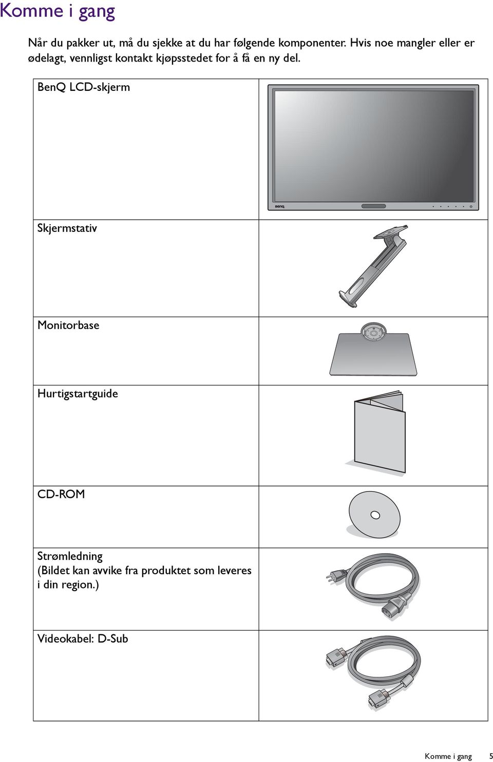 del. BenQ LCD-skjerm Skjermstativ Monitorbase Hurtigstartguide CD-ROM Strømledning