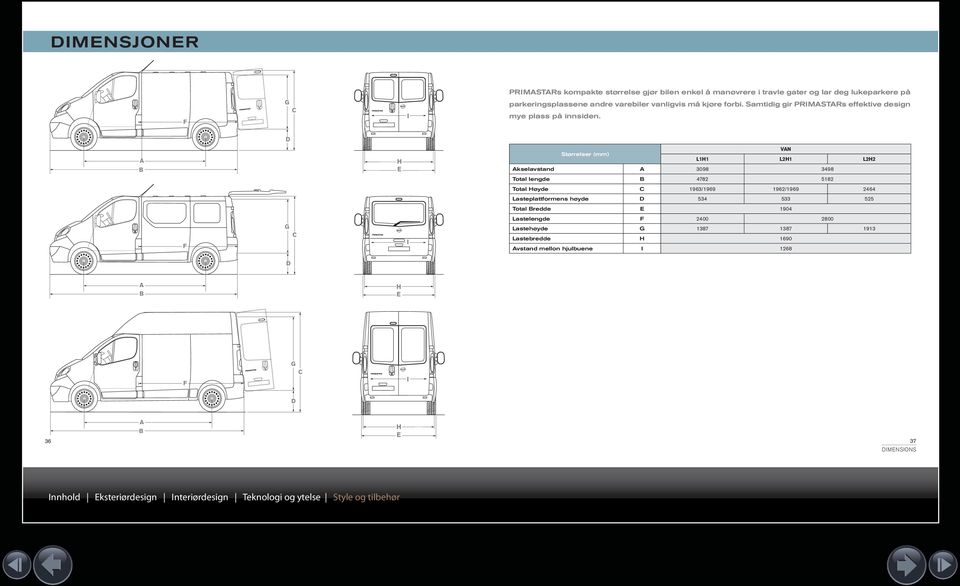 D A B H E VAN Størrelser (mm) L1H1 L2H1 L2H2 Akselavstand A 3098 3498 Total lengde B 4782 5182 Total Høyde C 1963/1969 1962/1969 2464 Lasteplattformens høyde D 534 533 525 Total