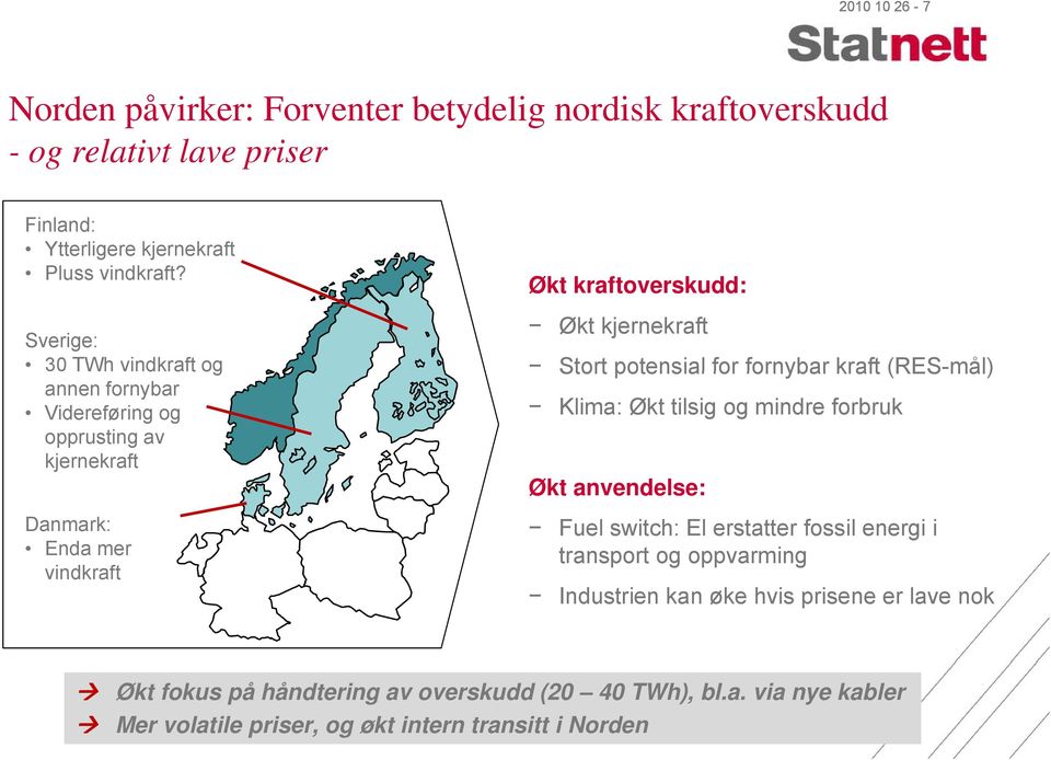 potensial for fornybar kraft (RES-mål) Klima: Økt tilsig og mindre forbruk Økt anvendelse: Fuel switch: El erstatter fossil energi i transport og oppvarming