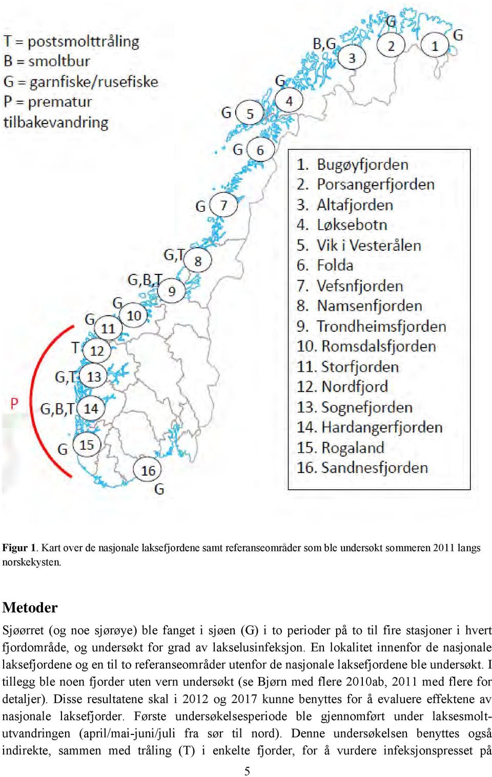En lokalitet innenfor de nasjonale laksefjordene og en til to referanseområder utenfor de nasjonale laksefjordene ble undersøkt.
